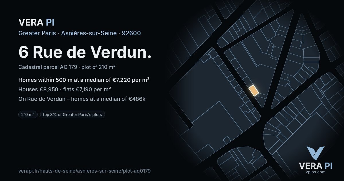 6 Rue de Verdun, Asnières-sur-Seine at night – the plot lit, the parcels around coloured by the prices near them