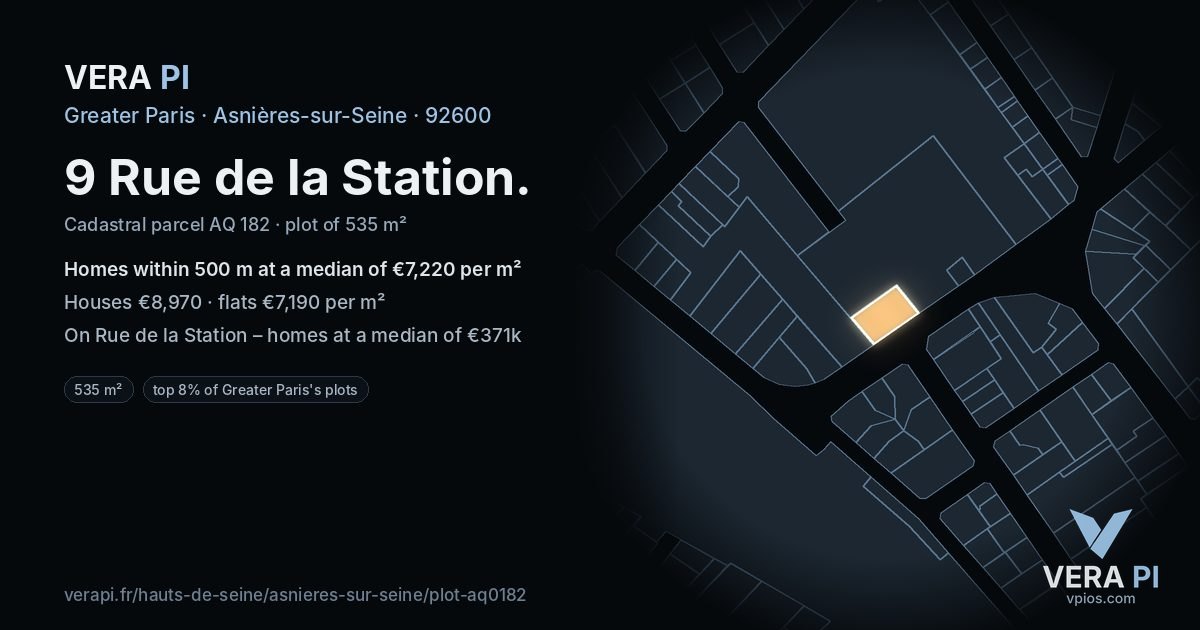 9 Rue de la Station, Asnières-sur-Seine at night – the plot lit, the parcels around coloured by the prices near them