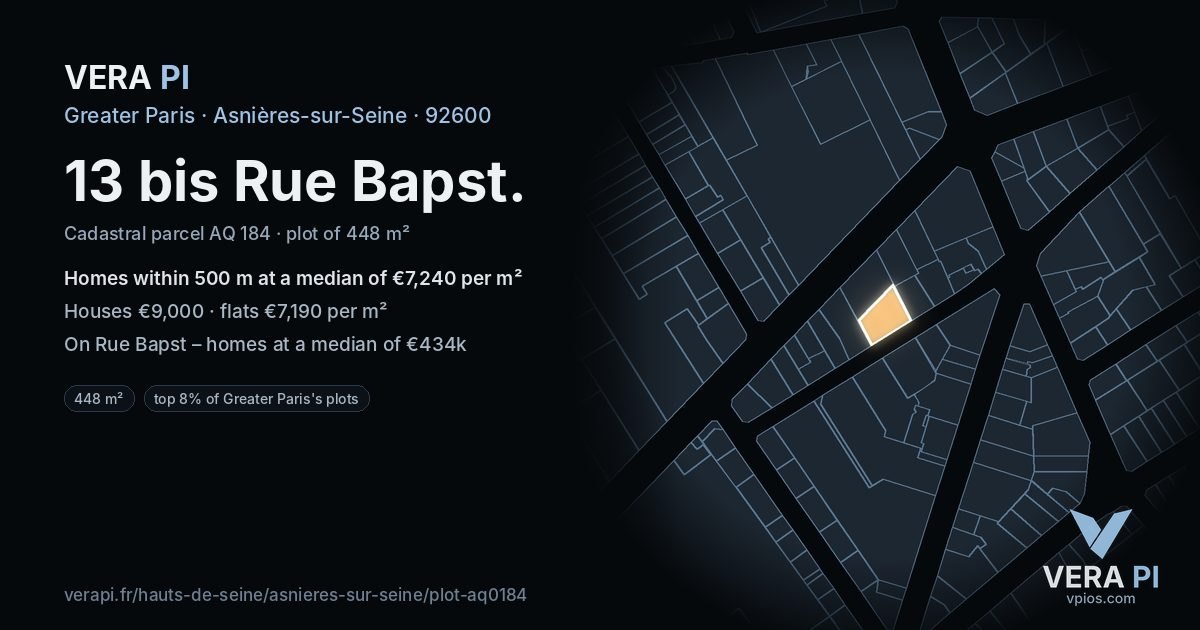 13 bis Rue Bapst, Asnières-sur-Seine at night – the plot lit, the parcels around coloured by the prices near them