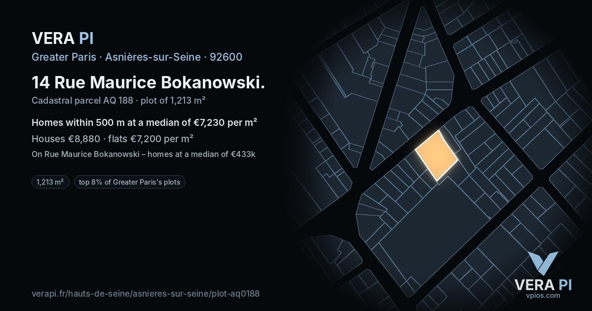 14 Rue Maurice Bokanowski, Asnières-sur-Seine at night – the plot lit, the parcels around coloured by the prices near them
