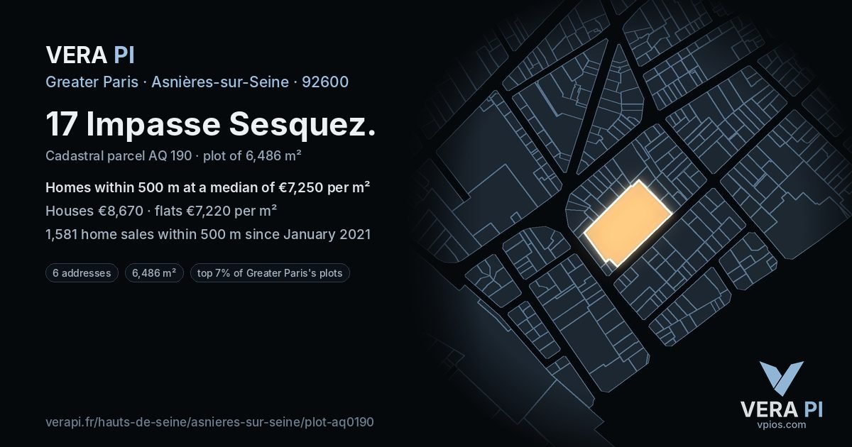 17 Impasse Sesquez, Asnières-sur-Seine at night – the plot lit, the parcels around coloured by the prices near them