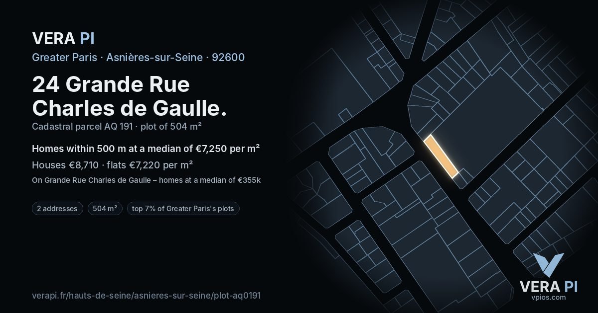 24 Grande Rue Charles de Gaulle, Asnières-sur-Seine at night – the plot lit, the parcels around coloured by the prices near them