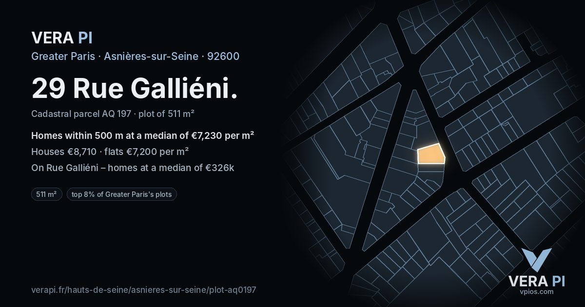 29 Rue Galliéni, Asnières-sur-Seine at night – the plot lit, the parcels around coloured by the prices near them