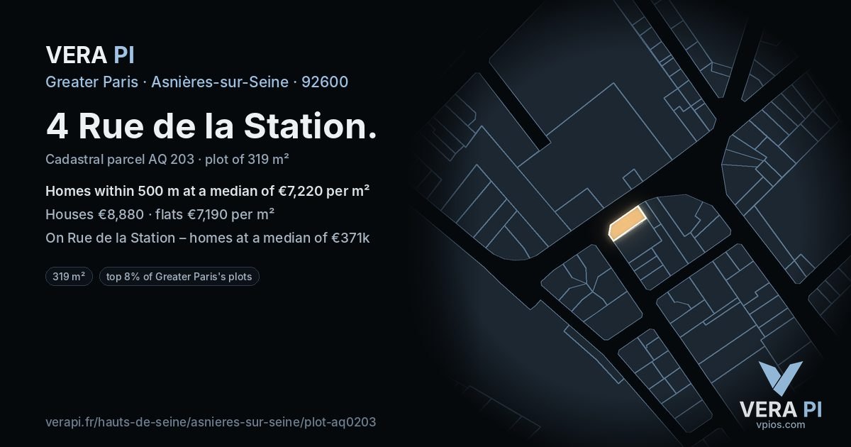 4 Rue de la Station, Asnières-sur-Seine at night – the plot lit, the parcels around coloured by the prices near them