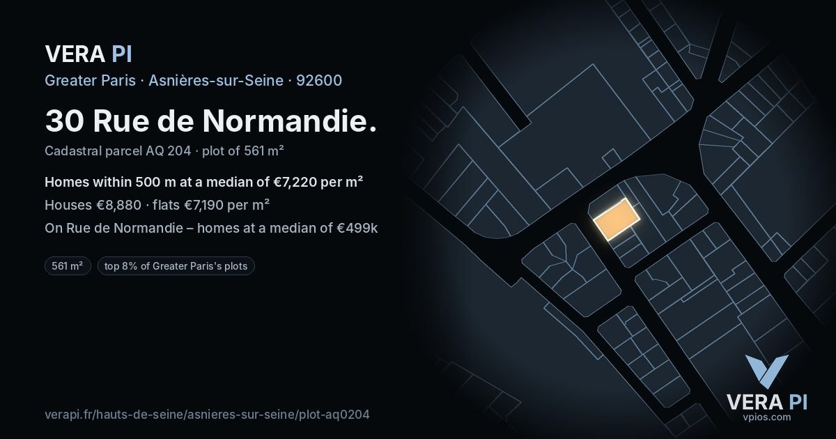 30 Rue de Normandie, Asnières-sur-Seine at night – the plot lit, the parcels around coloured by the prices near them
