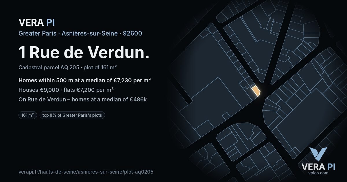 1 Rue de Verdun, Asnières-sur-Seine at night – the plot lit, the parcels around coloured by the prices near them