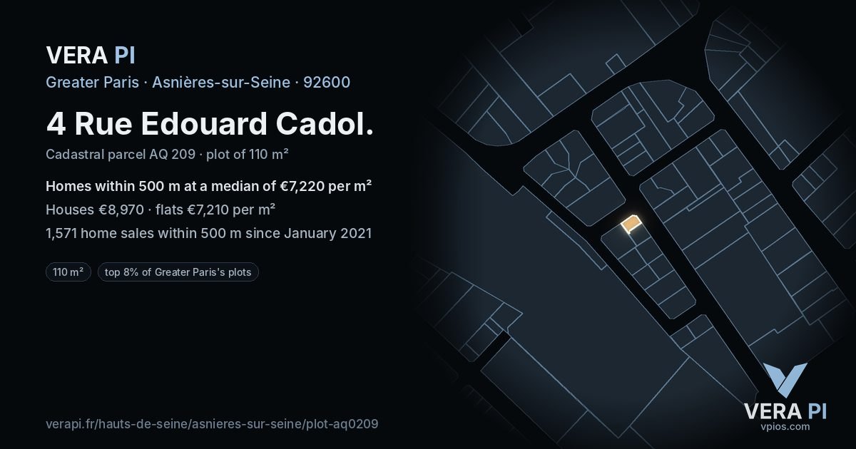 4 Rue Edouard Cadol, Asnières-sur-Seine at night – the plot lit, the parcels around coloured by the prices near them