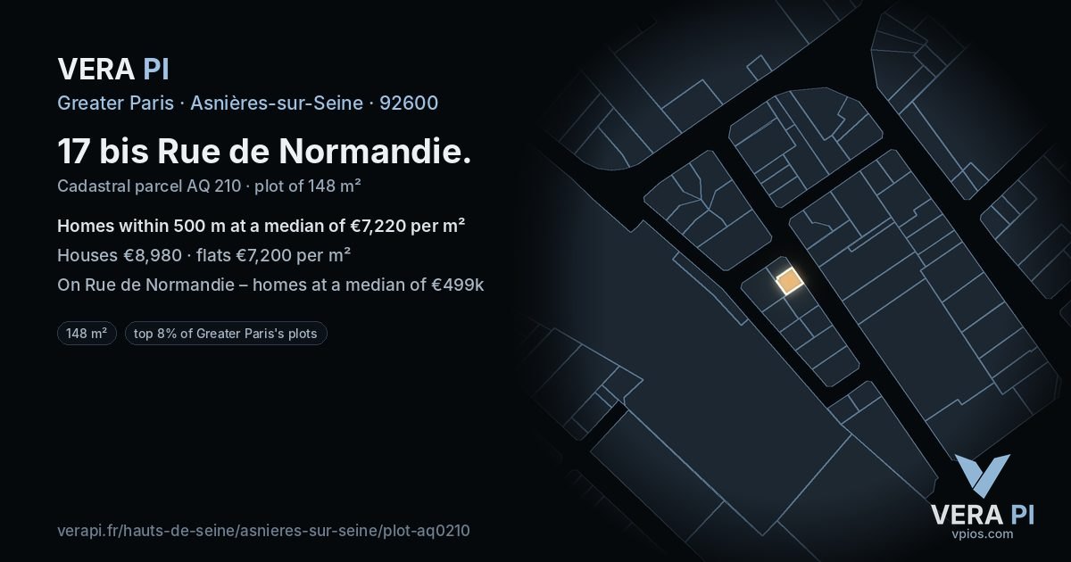 17 bis Rue de Normandie, Asnières-sur-Seine at night – the plot lit, the parcels around coloured by the prices near them