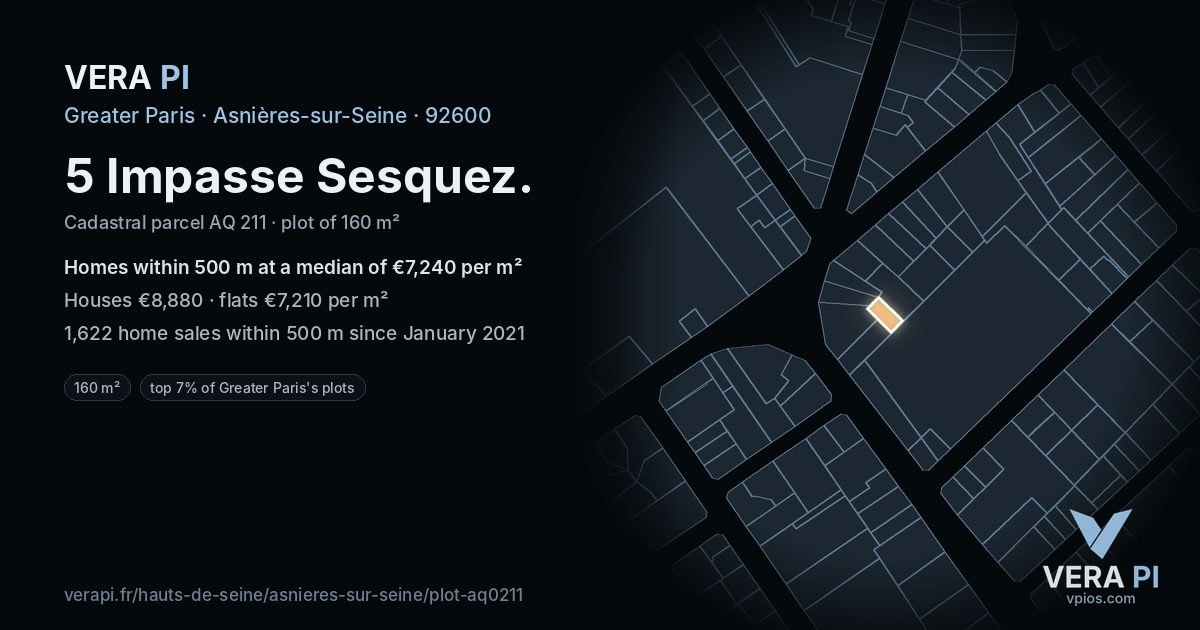 5 Impasse Sesquez, Asnières-sur-Seine at night – the plot lit, the parcels around coloured by the prices near them