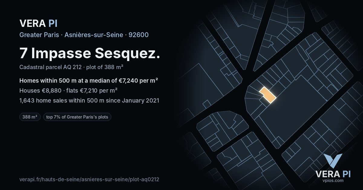 7 Impasse Sesquez, Asnières-sur-Seine at night – the plot lit, the parcels around coloured by the prices near them