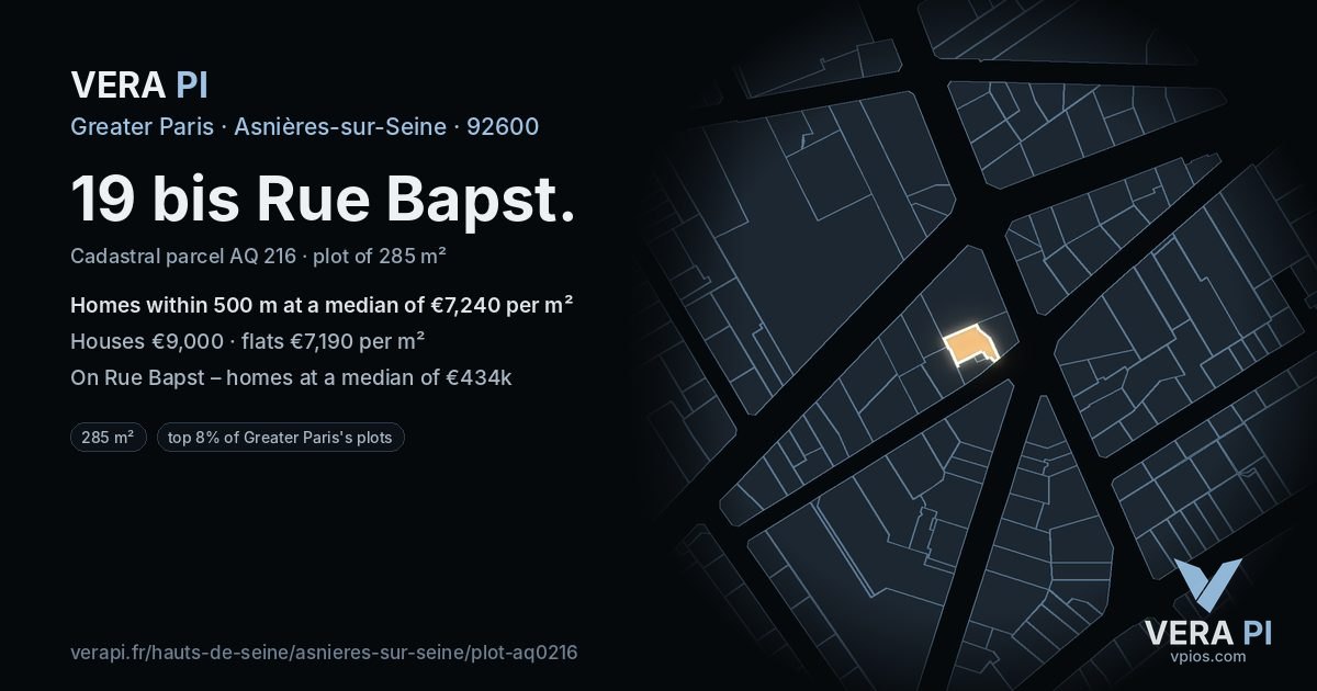 19 bis Rue Bapst, Asnières-sur-Seine at night – the plot lit, the parcels around coloured by the prices near them