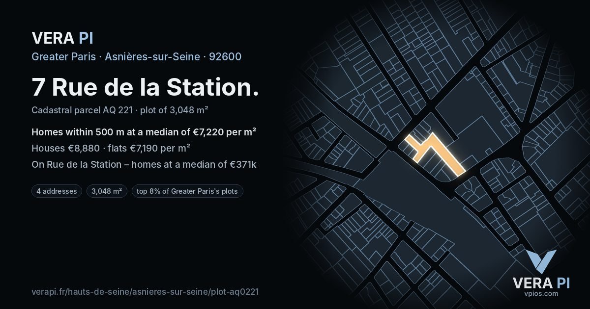 7 Rue de la Station, Asnières-sur-Seine at night – the plot lit, the parcels around coloured by the prices near them
