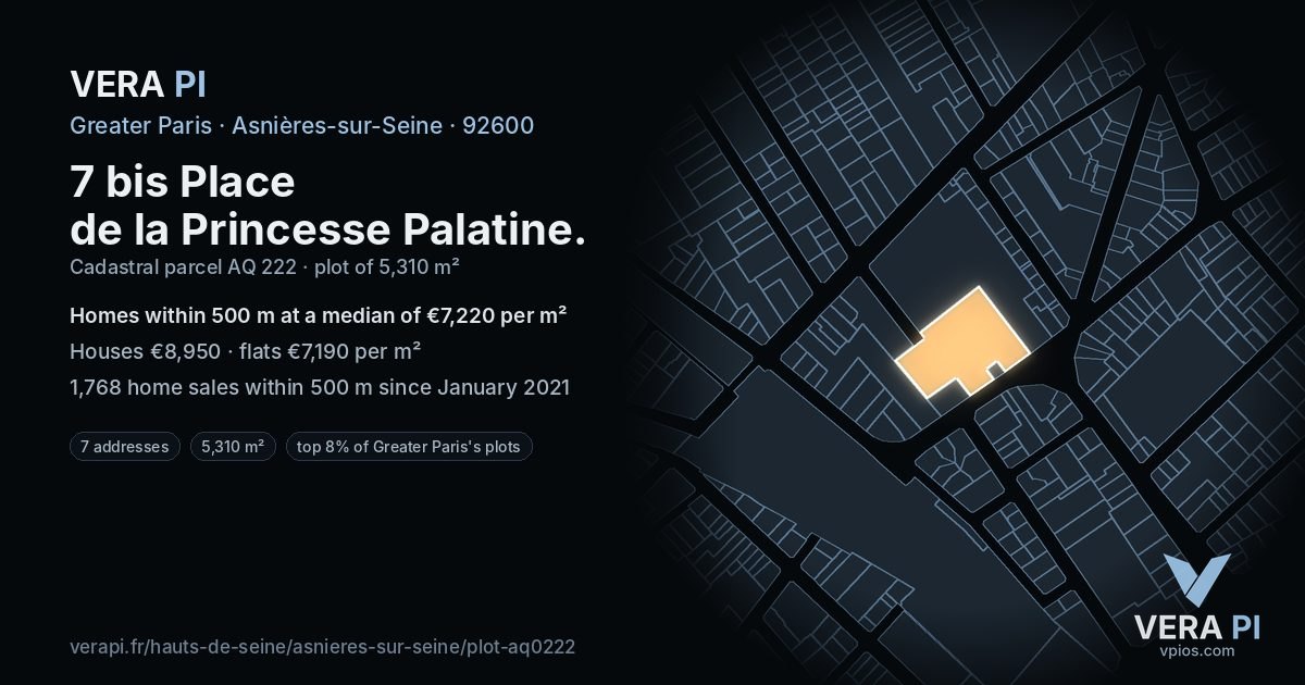 7 bis Place de la Princesse Palatine, Asnières-sur-Seine at night – the plot lit, the parcels around coloured by the prices near them