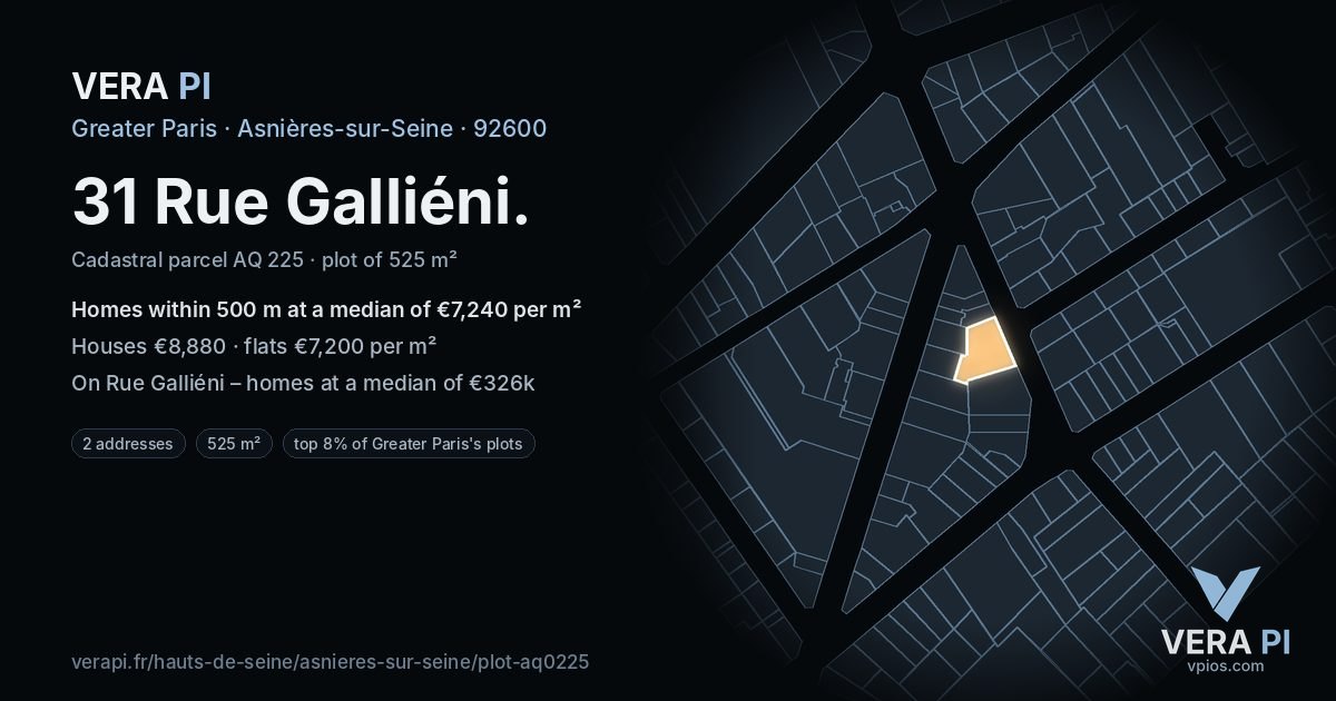 31 Rue Galliéni, Asnières-sur-Seine at night – the plot lit, the parcels around coloured by the prices near them
