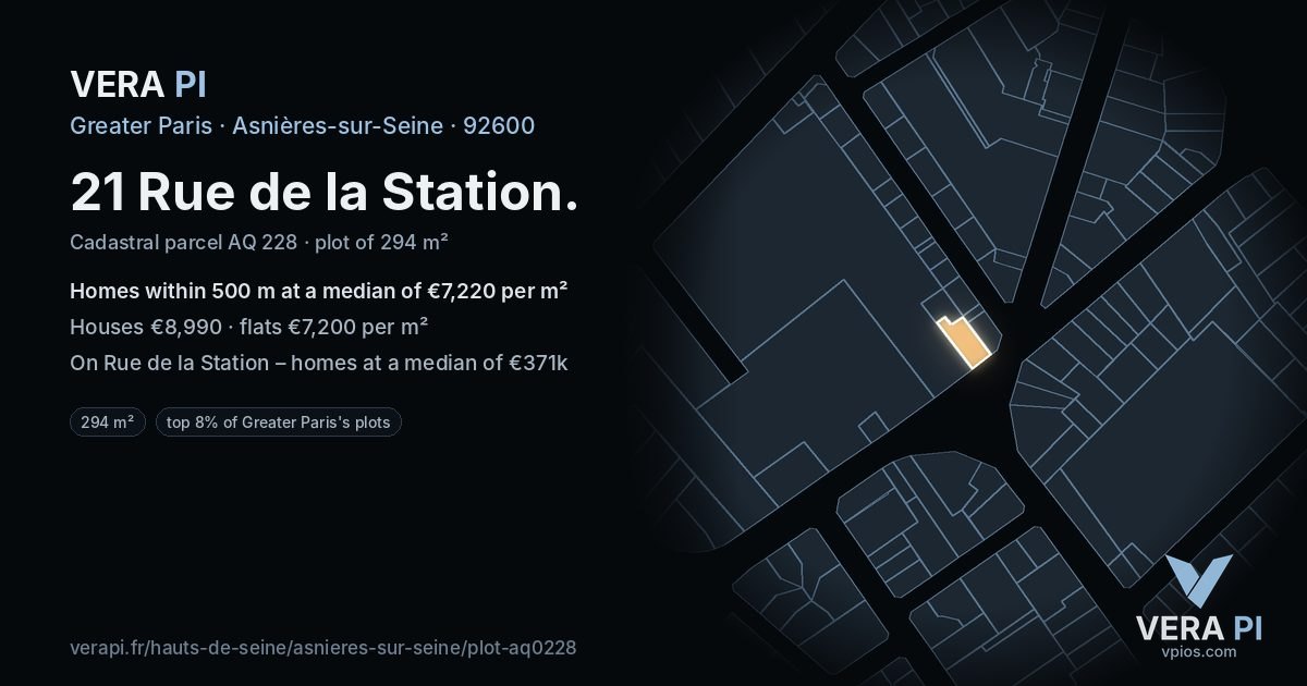 21 Rue de la Station, Asnières-sur-Seine at night – the plot lit, the parcels around coloured by the prices near them
