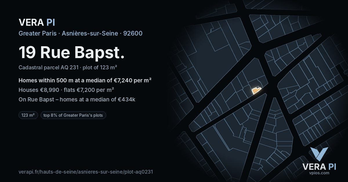 19 Rue Bapst, Asnières-sur-Seine at night – the plot lit, the parcels around coloured by the prices near them