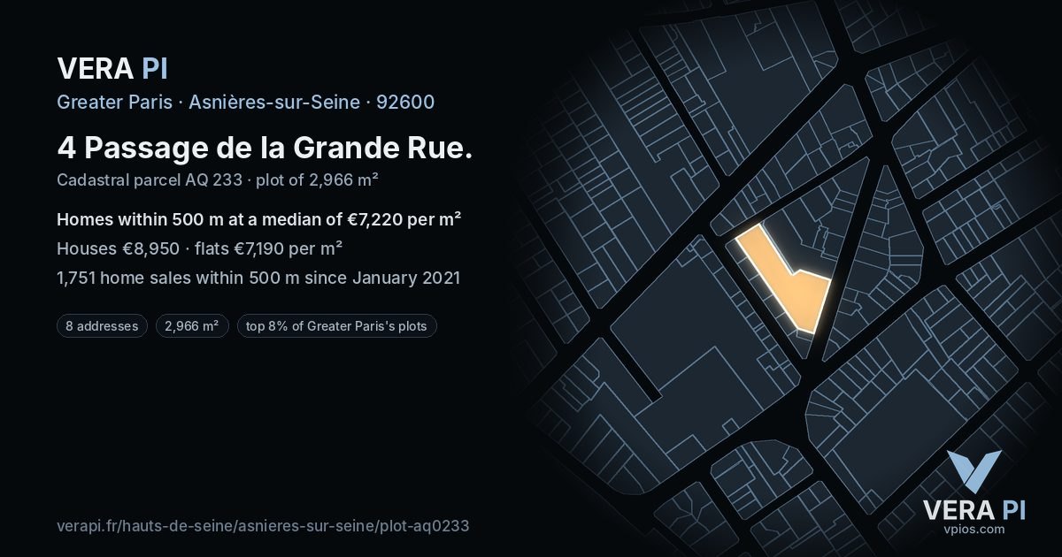 4 Passage de la Grande Rue, Asnières-sur-Seine at night – the plot lit, the parcels around coloured by the prices near them