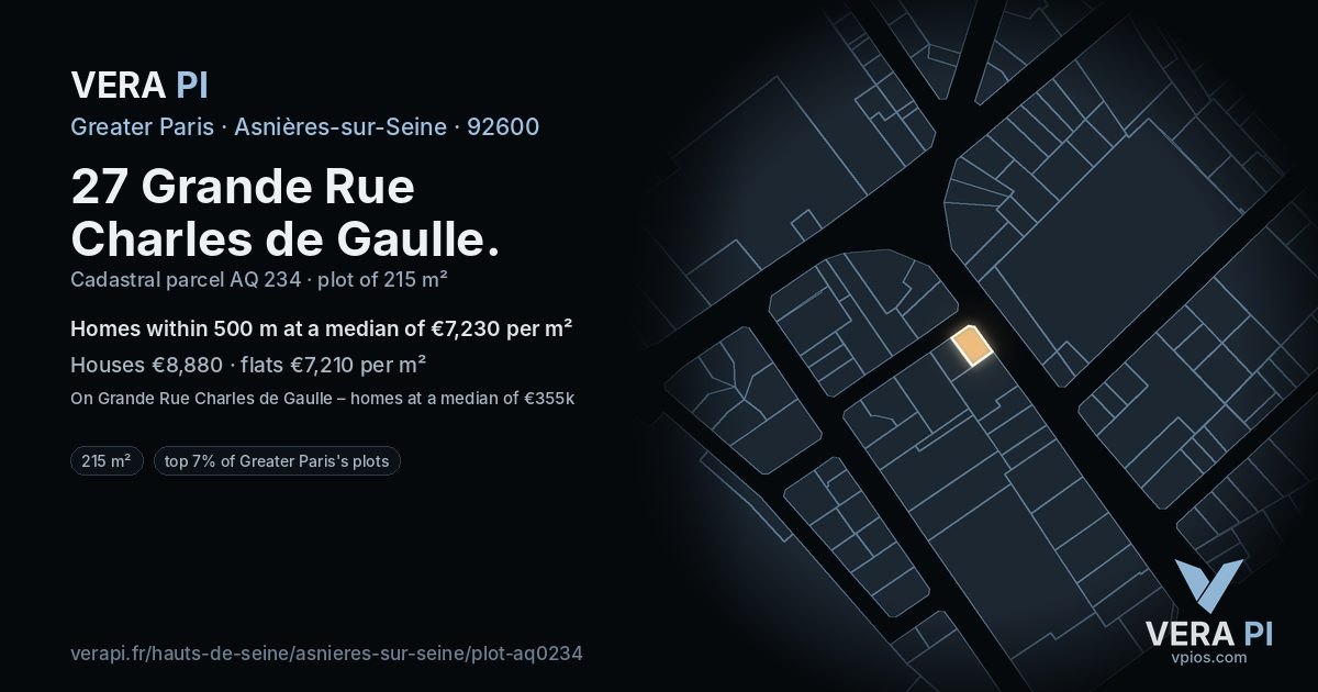 27 Grande Rue Charles de Gaulle, Asnières-sur-Seine at night – the plot lit, the parcels around coloured by the prices near them