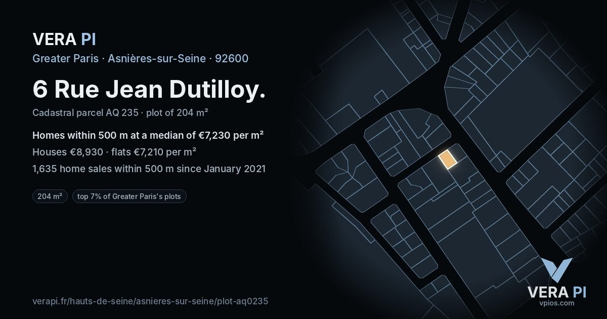 6 Rue Jean Dutilloy, Asnières-sur-Seine at night – the plot lit, the parcels around coloured by the prices near them
