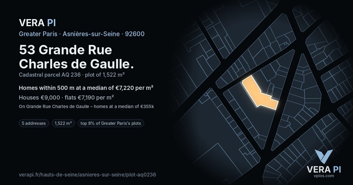 53 Grande Rue Charles de Gaulle, Asnières-sur-Seine at night – the plot lit, the parcels around coloured by the prices near them
