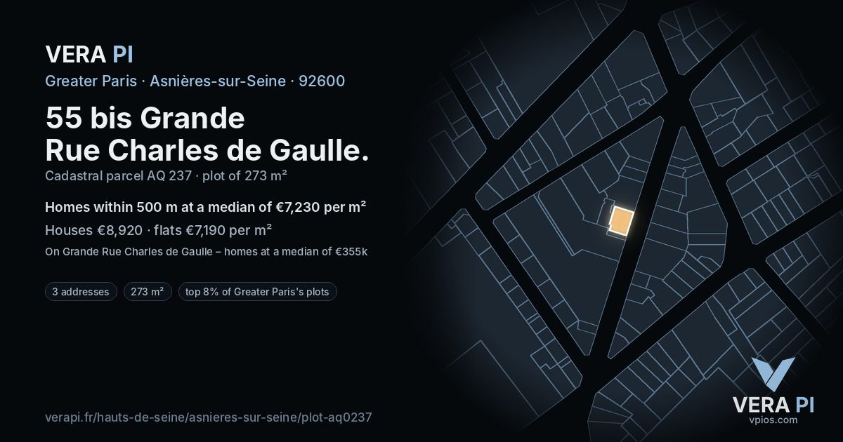 55 bis Grande Rue Charles de Gaulle, Asnières-sur-Seine at night – the plot lit, the parcels around coloured by the prices near them