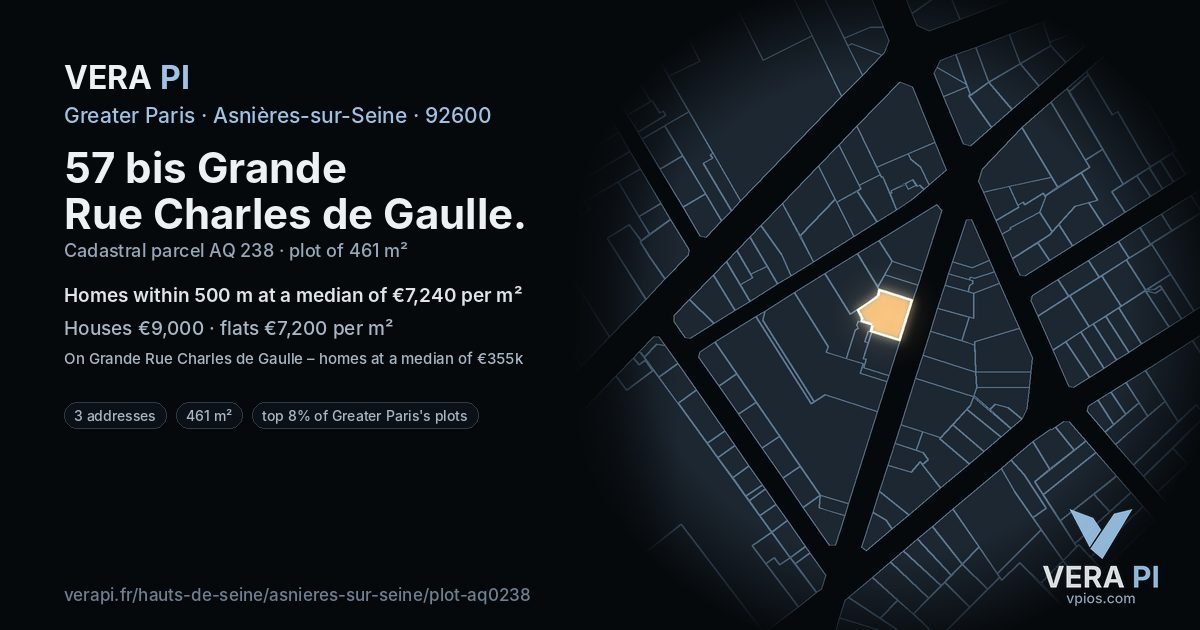 57 bis Grande Rue Charles de Gaulle, Asnières-sur-Seine at night – the plot lit, the parcels around coloured by the prices near them