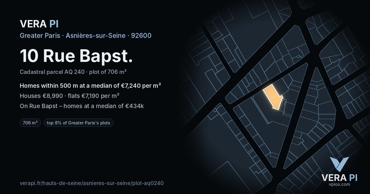 10 Rue Bapst, Asnières-sur-Seine at night – the plot lit, the parcels around coloured by the prices near them