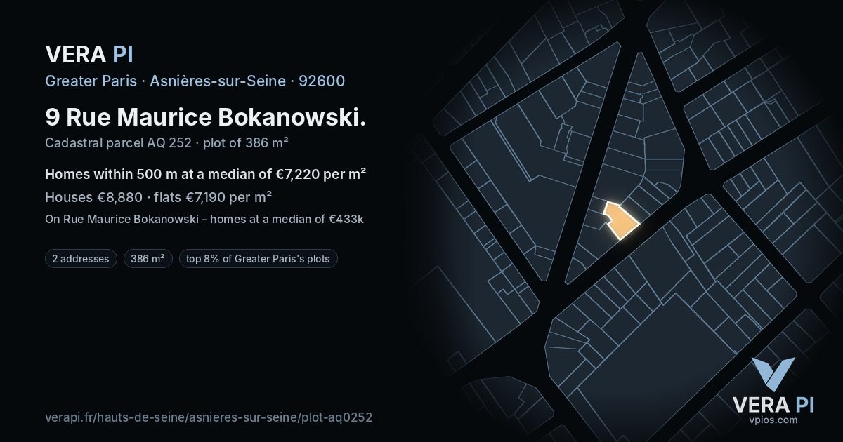 9 Rue Maurice Bokanowski, Asnières-sur-Seine at night – the plot lit, the parcels around coloured by the prices near them