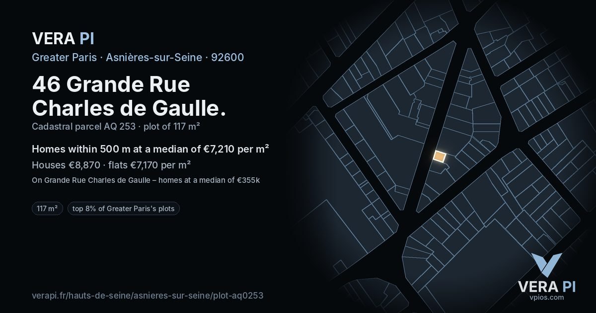 46 Grande Rue Charles de Gaulle, Asnières-sur-Seine at night – the plot lit, the parcels around coloured by the prices near them