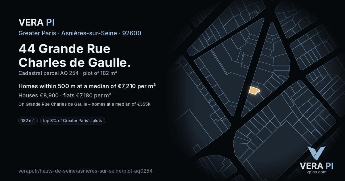 44 Grande Rue Charles de Gaulle, Asnières-sur-Seine at night – the plot lit, the parcels around coloured by the prices near them