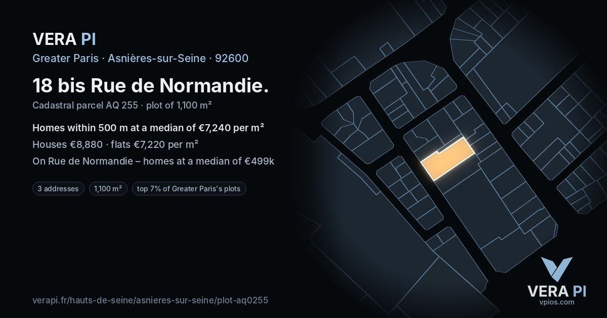 18 bis Rue de Normandie, Asnières-sur-Seine at night – the plot lit, the parcels around coloured by the prices near them