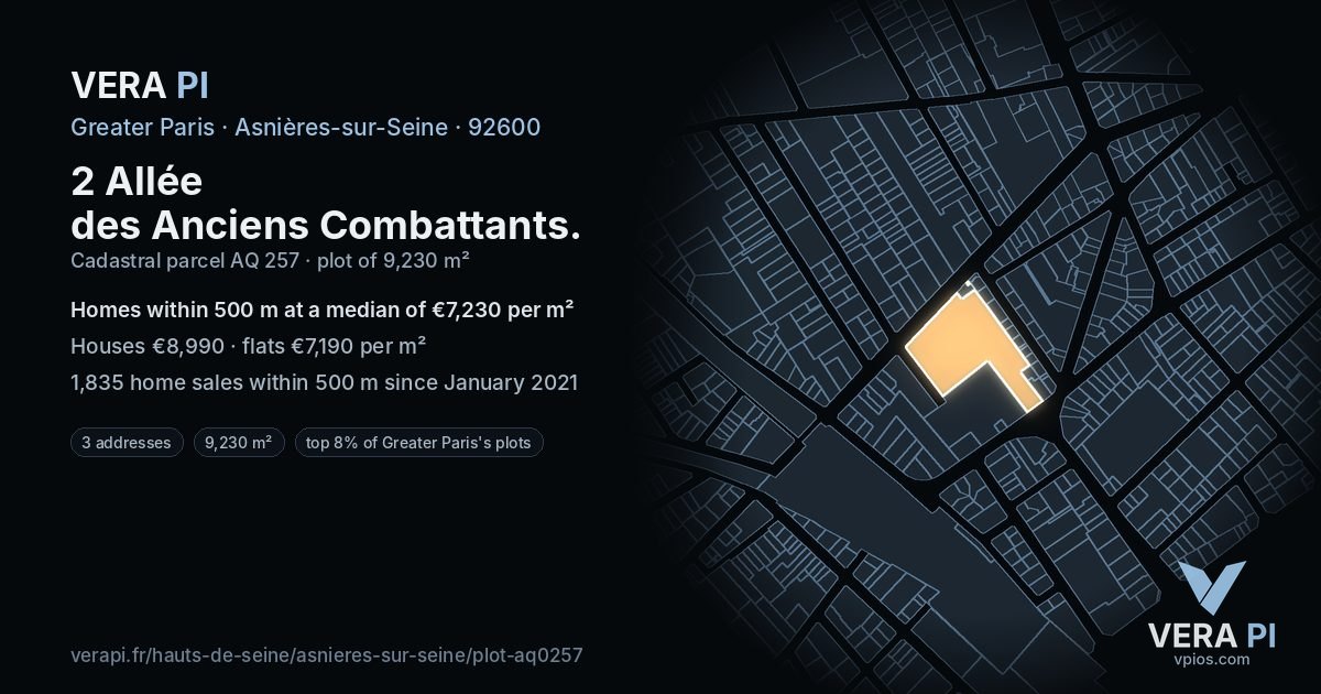 2 Allée des Anciens Combattants, Asnières-sur-Seine at night – the plot lit, the parcels around coloured by the prices near them