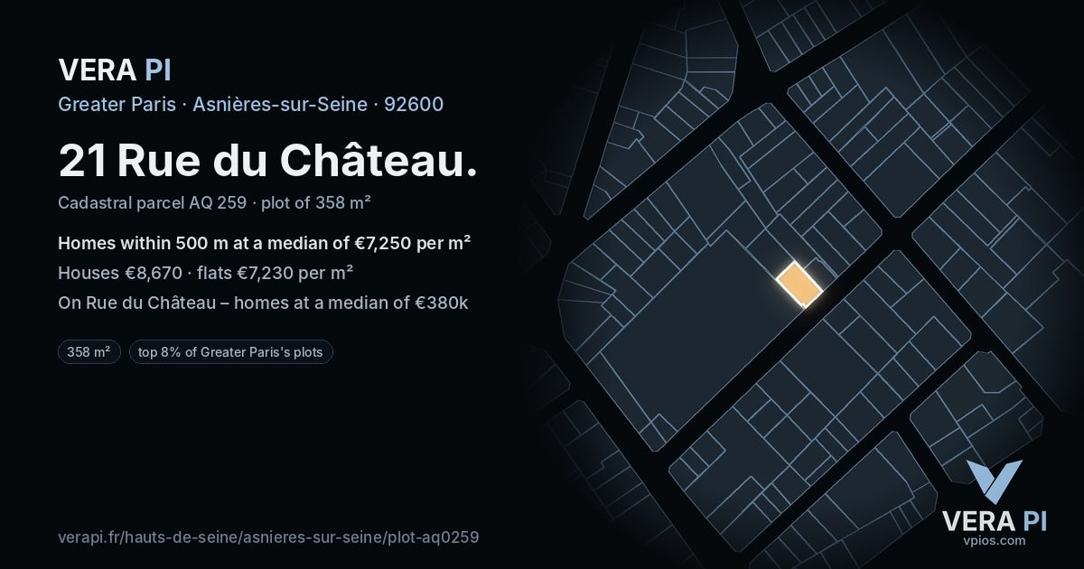 21 Rue du Château, Asnières-sur-Seine at night – the plot lit, the parcels around coloured by the prices near them