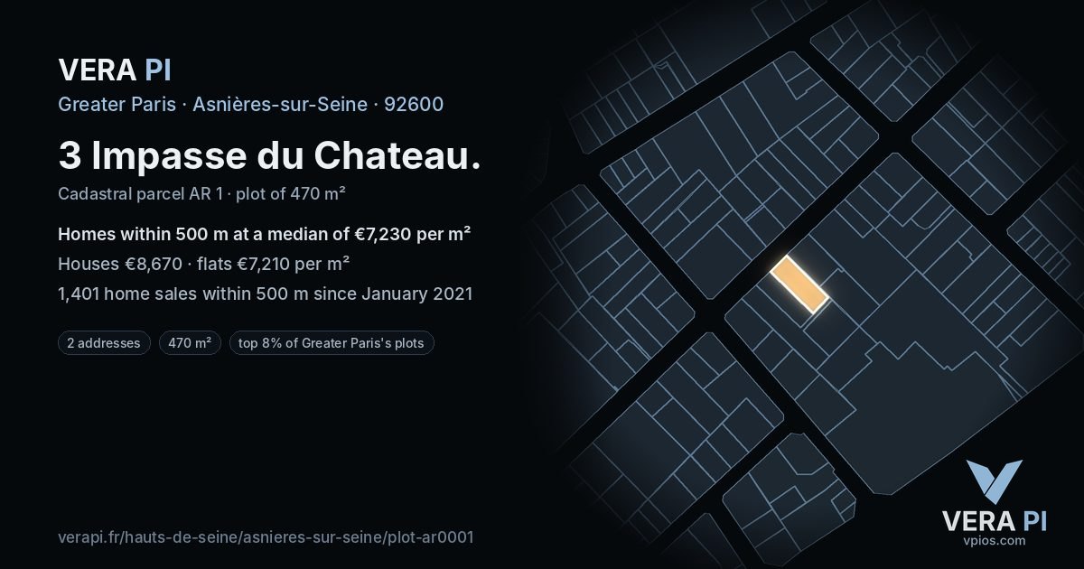 3 Impasse du Chateau, Asnières-sur-Seine at night – the plot lit, the parcels around coloured by the prices near them