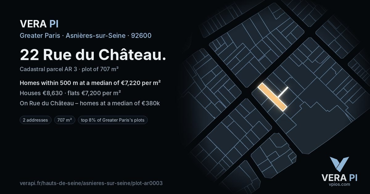 22 Rue du Château, Asnières-sur-Seine at night – the plot lit, the parcels around coloured by the prices near them