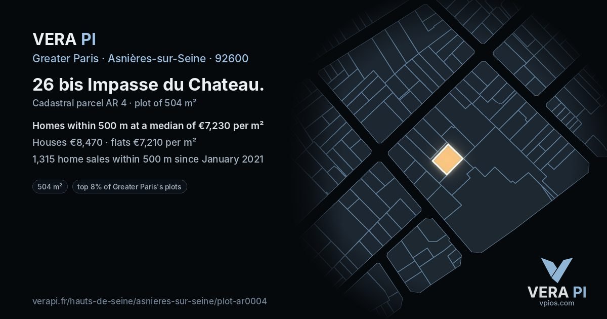 26 bis Impasse du Chateau, Asnières-sur-Seine at night – the plot lit, the parcels around coloured by the prices near them