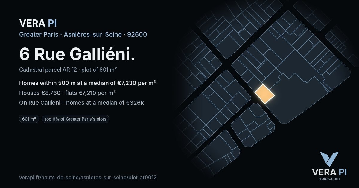 6 Rue Galliéni, Asnières-sur-Seine at night – the plot lit, the parcels around coloured by the prices near them