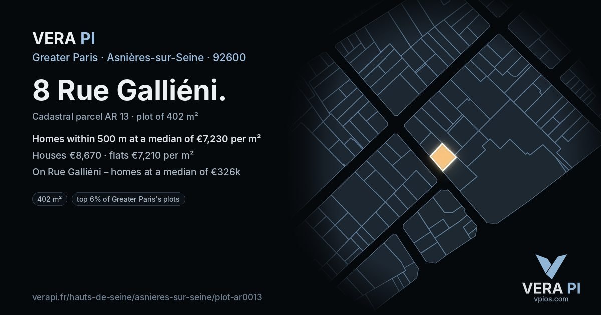 8 Rue Galliéni, Asnières-sur-Seine at night – the plot lit, the parcels around coloured by the prices near them