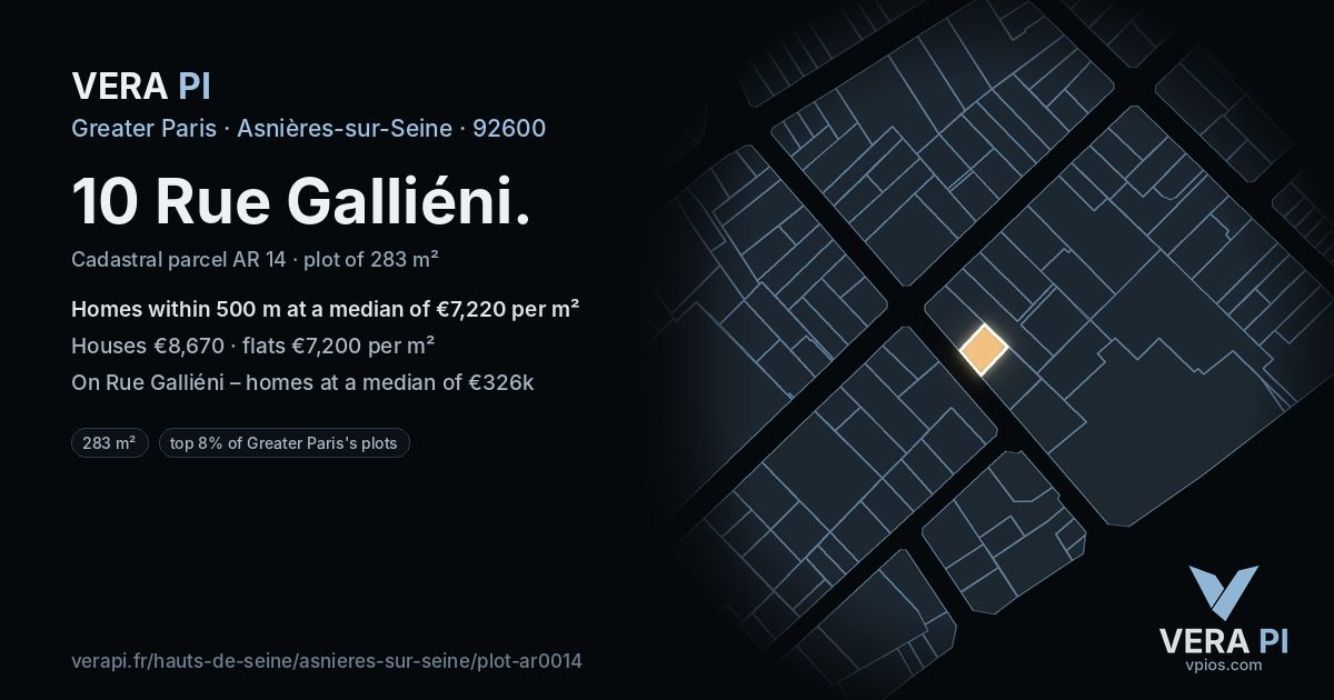 10 Rue Galliéni, Asnières-sur-Seine at night – the plot lit, the parcels around coloured by the prices near them