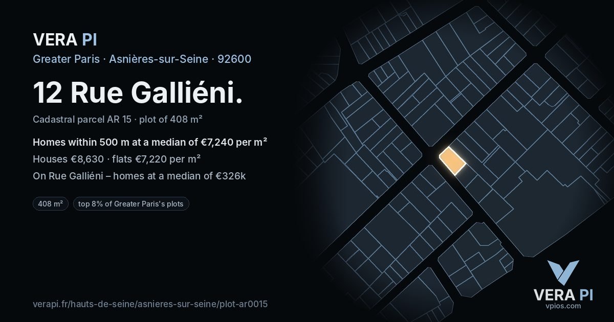 12 Rue Galliéni, Asnières-sur-Seine at night – the plot lit, the parcels around coloured by the prices near them