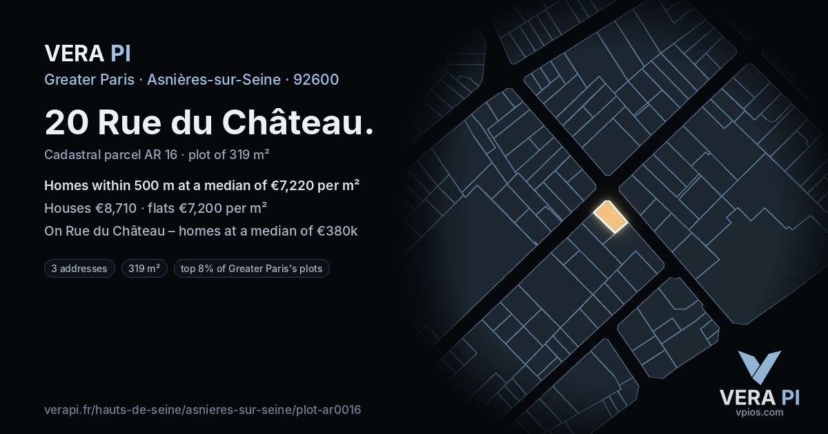 20 Rue du Château, Asnières-sur-Seine at night – the plot lit, the parcels around coloured by the prices near them