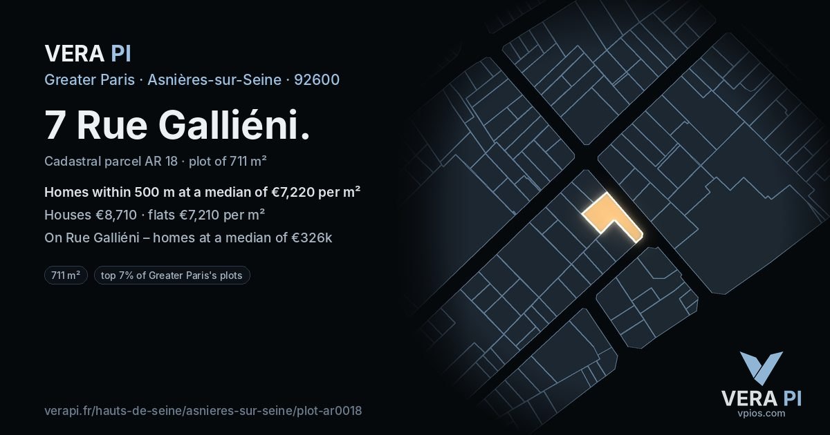 7 Rue Galliéni, Asnières-sur-Seine at night – the plot lit, the parcels around coloured by the prices near them