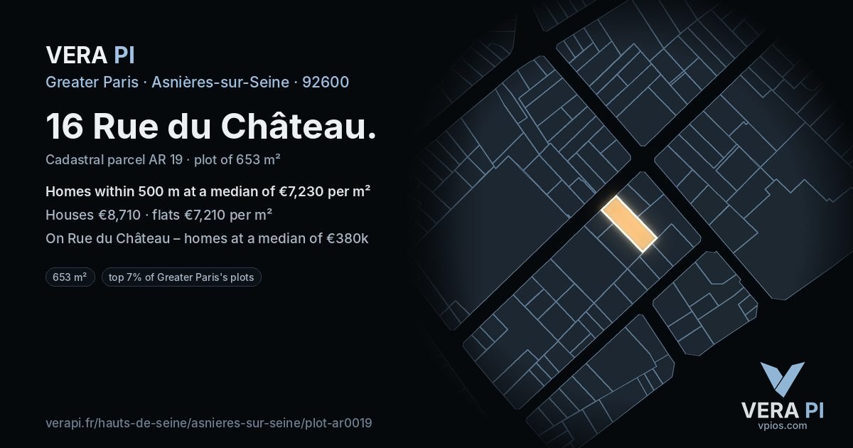 16 Rue du Château, Asnières-sur-Seine at night – the plot lit, the parcels around coloured by the prices near them