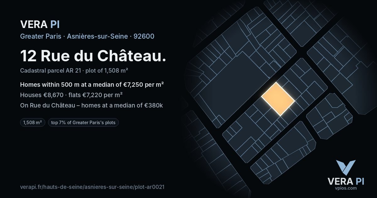 12 Rue du Château, Asnières-sur-Seine at night – the plot lit, the parcels around coloured by the prices near them
