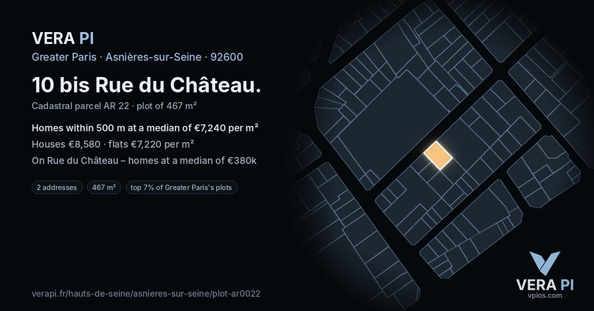 10 bis Rue du Château, Asnières-sur-Seine at night – the plot lit, the parcels around coloured by the prices near them