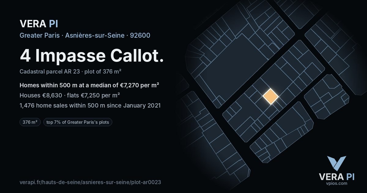 4 Impasse Callot, Asnières-sur-Seine at night – the plot lit, the parcels around coloured by the prices near them