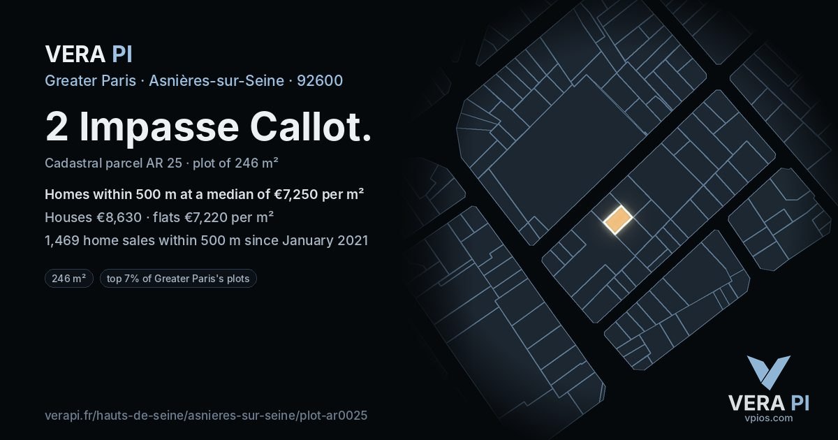 2 Impasse Callot, Asnières-sur-Seine at night – the plot lit, the parcels around coloured by the prices near them