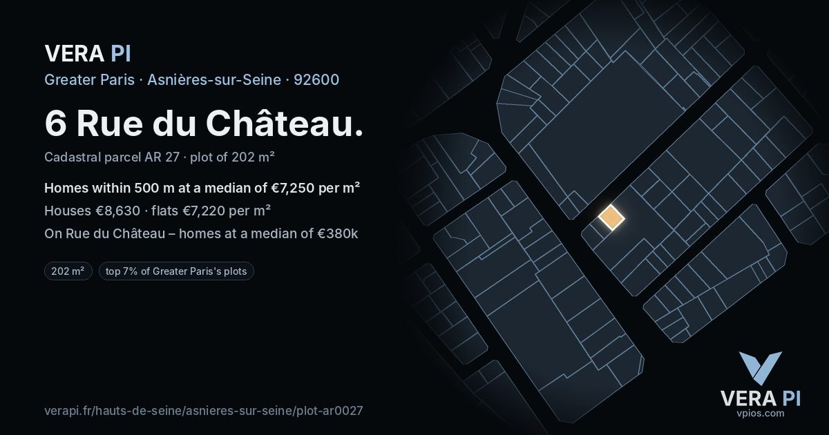 6 Rue du Château, Asnières-sur-Seine at night – the plot lit, the parcels around coloured by the prices near them