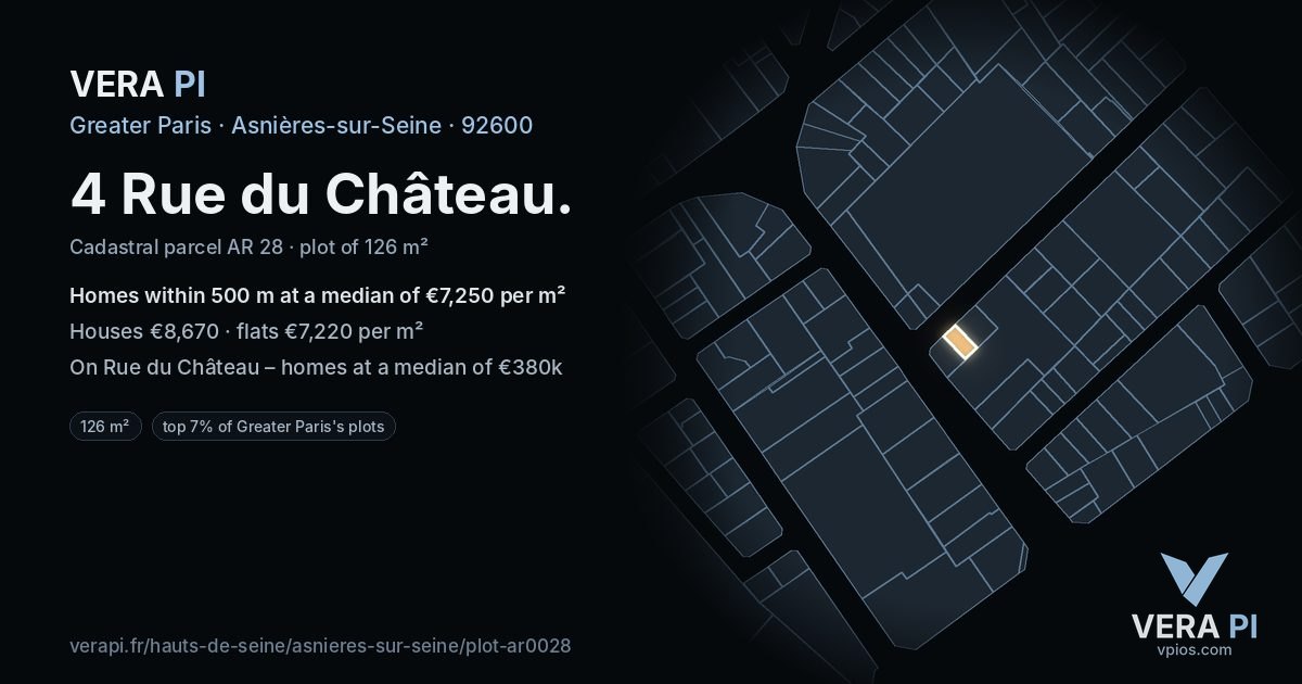 4 Rue du Château, Asnières-sur-Seine at night – the plot lit, the parcels around coloured by the prices near them