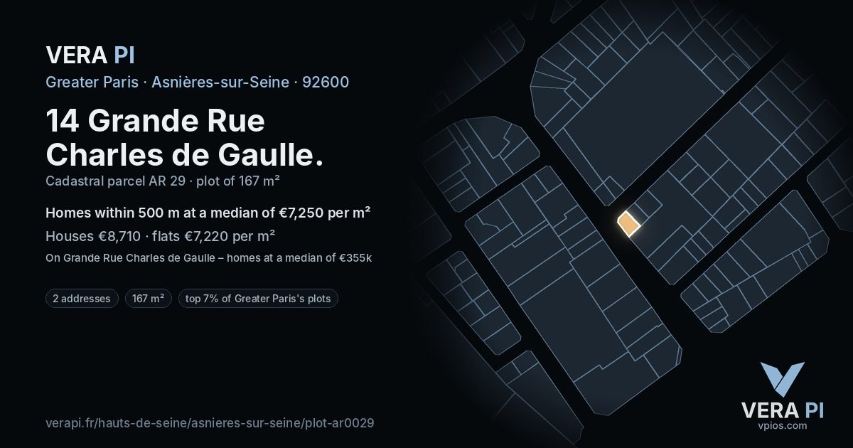 14 Grande Rue Charles de Gaulle, Asnières-sur-Seine at night – the plot lit, the parcels around coloured by the prices near them